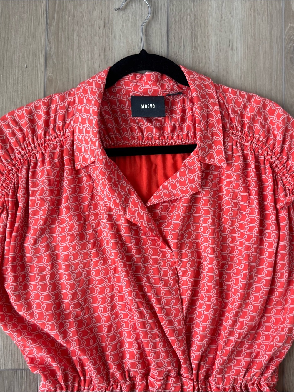 Anthro Maeve Carlotta Ruched Shirtdress Coral Print Tie Sleeve Sz S EUC flirty - Picture 11 of 16